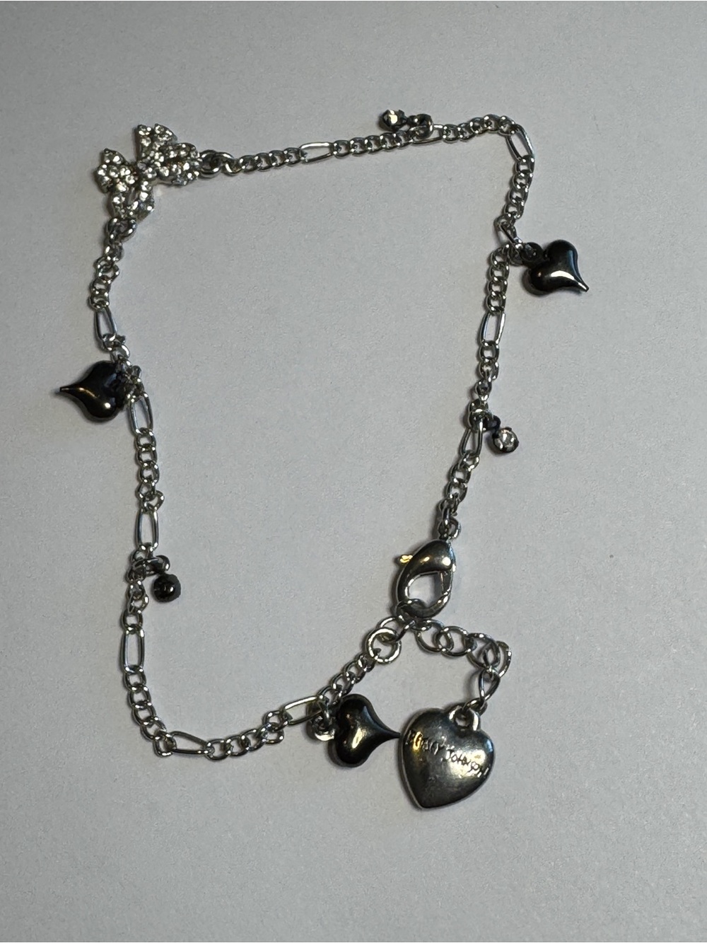 Betsey Johnson Silver-Tone Rhinestone Bow & Black Heart Charm Bracelet